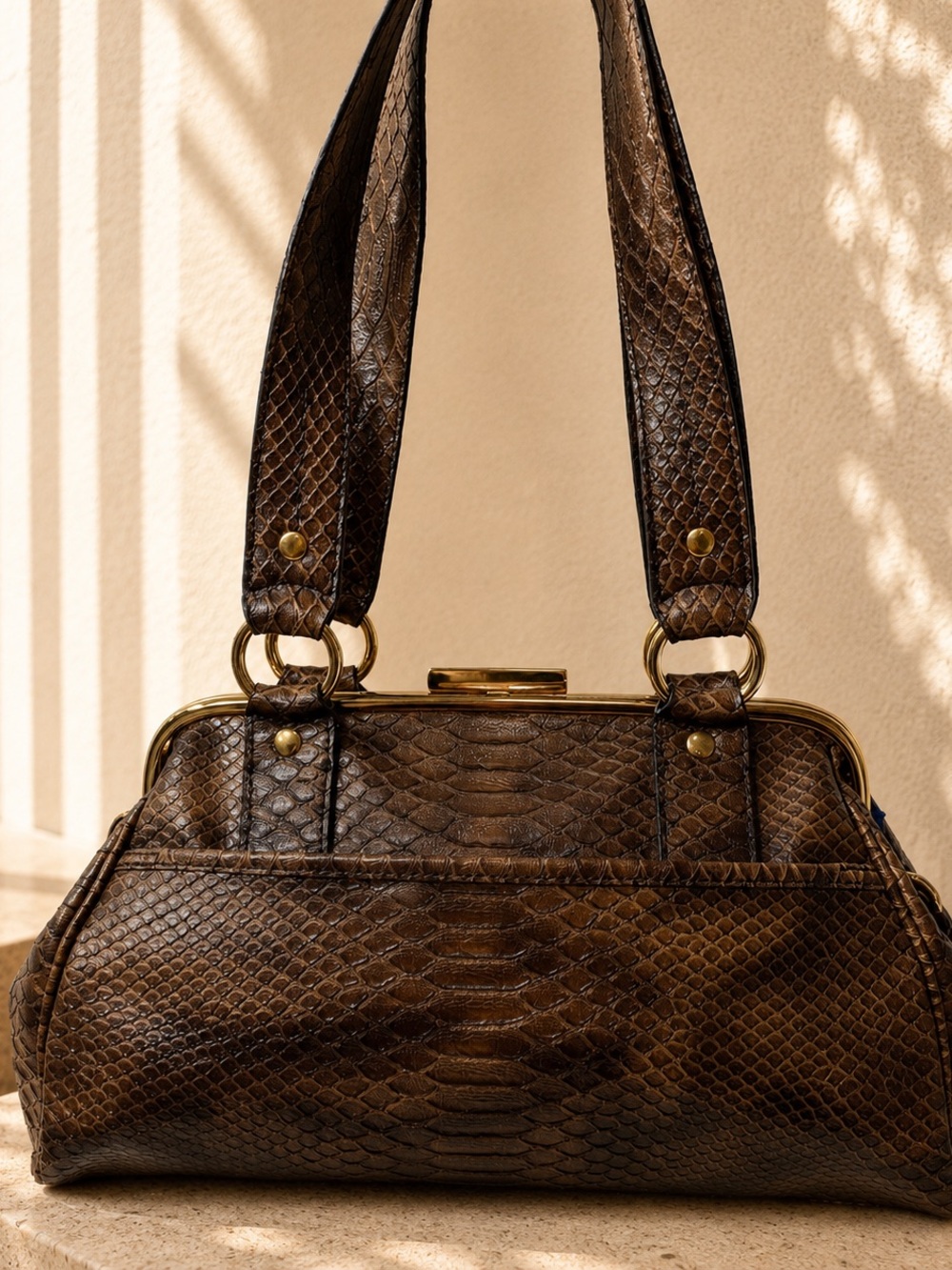 Nine West Brown Snakeskin Embossed Frame Satchel Shoulder Bag - Picture 4 of 5